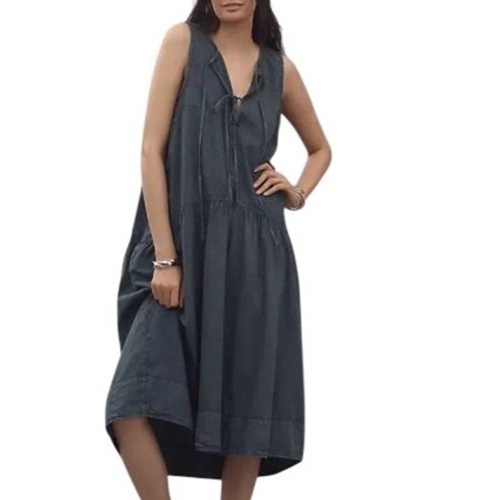 NWT Anthropologie Sleeveless Denim Midi Tent Dress Tie Front Size Small Boho